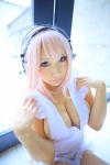 cleavage cosplay headphones nearly_naked_apron nitro_super_sonic pink_hair saku super_soniko rating:Safe score:1 user:nil!