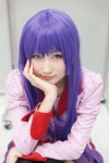 bakemonogatari blouse cosplay hiokichi pleated_skirt purple_eyes purple_hair senjougahara_hitagi skirt thighhighs tie rating:Safe score:0 user:pixymisa