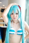aqua_hair bikini cosplay hatsune_miku headset kishimen project_diva swimsuit twintails vocaloid rating:Safe score:0 user:pixymisa