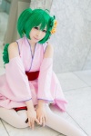 cosplay detached_sleeves flower green_hair kimono macross macross_frontier miiko obi ranka_lee red_eyes thighhighs twintails rating:Safe score:2 user:pixymisa