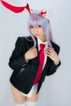 animal_ears blazer blouse bottomless bunny_ears cosplay lenfried open_clothes reisen_udongein_inaba school_uniform thighhighs tie touhou rating:Questionable score:0 user:nil!