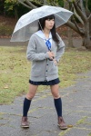 blouse braid cardigan kneesocks nanaka_amanonanae pleated_skirt rain scarf skirt umbrella rating:Safe score:0 user:pixymisa