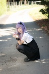 atsuki black_legwear blouse cosplay dagashi_biyori dagashi_kashi hairband pantyhose purple_hair shidare_hotaru skirt suspenders rating:Safe score:0 user:nil!