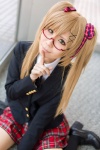 bechiko blazer blonde_hair blouse cosplay glasses green_eyes hair_ribbons looking_over_glasses nyotalia striped thighhighs tie tiered_skirt twintails united_kingdom rating:Safe score:0 user:pixymisa
