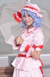 blue_hair cosplay dress hat remilia_scarlet shia skirt touhou umbrella wristband rating:Safe score:0 user:pixymisa