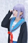 cardigan cosplay glasses nagato_yuki pleated_skirt purple_hair sailor_uniform school_uniform skirt suzumiya_haruhi_no_yuuutsu yukise_haru rating:Safe score:2 user:nil!