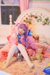 amatsuka_miyu bed cosplay dress hat lollipop patchouli_knowledge purple_hair robe stuffed_animal thighhighs touhou zettai_ryouiki rating:Safe score:0 user:nil!