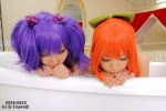 apron azumi bathroom bathtub cosplay detached_sleeves geleemix hairbow halter_top hekii kibino_tamaki maid maid_uniform manaboshi_chizuru miko orange_hair purple_hair twintails rating:Safe score:0 user:nil!