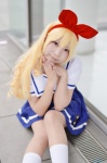 aikatsu! blonde_hair churo cosplay hairbow hoshimiya_ichigo kneesocks pleated_skirt sailor_uniform school_uniform skirt rating:Safe score:1 user:nil!