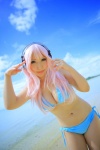 animal_ears beach bikini bunny_ears cleavage cosplay headphones nitro_super_sonic ocean pink_hair saku side-tie_bikini super_soniko swimsuit underboob rating:Safe score:1 user:nil!