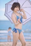 beach bikini cleavage ocean side-tie_bikini striped suu swimsuit umbrella rating:Safe score:0 user:nil!