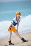 beach boots cosplay kuuya miniskirt nami_(one_piece) ocean one_piece orange_hair skirt tshirt rating:Safe score:2 user:nil!