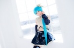 aqua_hair black_legwear cosplay croptop detached_sleeves hairbow hatsune_miku mashiro_yuki pleated_skirt ponytail project_diva skirt thighhighs vocaloid zettai_ryouiki rating:Safe score:0 user:nil!