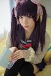 bed cardigan cosplay hairbows kousaka_yun kyou_no_asuka_show pleated_skirt purple_hair sailor_uniform sawada_mao school_uniform skirt thighhighs twintails zettai_ryouiki rating:Safe score:0 user:nil!
