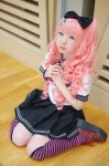 cosplay hairbow haruno_yun original pink_hair pleated_skirt sailor_uniform school_uniform skirt striped thighhighs zettai_ryouiki rating:Safe score:2 user:nil!