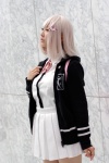 backpack cosplay hoodie nanami_chiaki pink_eyes pleated_skirt ribbon_tie skirt super_dangan-ronpa_2 takanashi_maui white_hair rating:Safe score:0 user:pixymisa