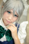 blouse blue_eyes bowtie cosplay hairband izayoi_sakuya jumper silver_hair touhou tsutsumi_tsuya rating:Safe score:0 user:pixymisa