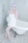 bathroom bathtub cleavage cosplay danganronpa kirigiri_kyouko kirigiri_to_celestia_san_danganronpa lechat pantyhose purple_hair sheer_legwear towel rating:Safe score:2 user:nil!