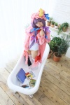 amatsuka_miyu bathroom bathtub cosplay glasses hat one-piece_swimsuit patchouli_knowledge purple_hair robe swimsuit thighhighs touhou rating:Safe score:1 user:nil!