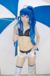 ahoge bikini blue_hair cosplay himemiya_mahore izumi_konata leggings lucky_star open_clothes ponytail shorts swimsuit umbrella vest rating:Safe score:3 user:nil!
