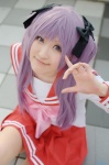 cosplay fumiko hair_ribbons hiiragi_kagami lucky_star pantyhose pleated_skirt purple_hair sailor_uniform school_uniform skirt twintails rating:Safe score:0 user:nil!