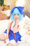 bed blouse blue_hair cirno cosplay hairbow jumper open_clothes shizuku socks touhou rating:Safe score:1 user:nil!