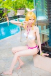 ayase_eri barefoot bikini blonde_hair cosplay hairbow love_live!_school_idol_project mike ponytail pool school_idol_~krasivie~ swimsuit rating:Safe score:3 user:nil!