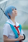 ayanami_rei blue_hair cosplay jumper neon_genesis_evangelion rain rinami sailor_uniform school_uniform umbrella rating:Safe score:0 user:nil!