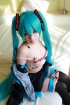 aqua_hair arai_yomi bed blouse bra cleavage cosplay detached_sleeves hatsune_miku headset open_clothes panties pleated_skirt skirt thighhighs tie twintails underboob vocaloid rating:Safe score:1 user:nil!