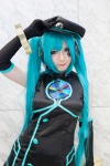 aqua_hair ayasame cosplay elbow_gloves gloves hat hatsune_miku headset qipao red_eyes twintails vocaloid rating:Safe score:1 user:pixymisa