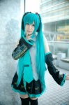 aqua_hair cosplay default_costume detached_sleeves hatsune_miku headset narihara_riku pleated_skirt skirt thighhighs tie twintails vocaloid zettai_ryouiki rating:Safe score:0 user:nil!