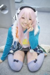 blue_legwear cosplay headphones hoodie kazuki_ren miniskirt nitro_super_sonic pink_hair skirt super_soniko thighhighs tshirt zettai_ryouiki rating:Safe score:0 user:nil!