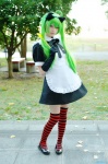 ahoge aka_(morimori) apron cosplay dress gloves green_hair horns maid maid_uniform original striped thighhighs twintails wand zettai_ryouiki rating:Safe score:1 user:nil!