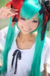 aqua_hair blouse cosplay hair_ribbons hatsune_miku necoco twintails vocaloid world_is_mine_(vocaloid) rating:Safe score:1 user:nil!