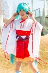 aqua_hair cosplay hakama_skirt haori hatsune_miku headset kikou_mira kneesocks obi twintails vocaloid rating:Safe score:0 user:pixymisa