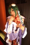 blouse bound cosplay detached_sleeves green_hair hanamura_misaki kochiya_sanae miko open_clothes rope skirt skirt_lift touhou touhou_kinbauchou rating:Safe score:0 user:nil!