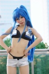 ahoge bikini blue_hair cosplay croptop himemiya_mahore izumi_konata lucky_star pantyhose sheer_legwear shorts swimsuit rating:Safe score:5 user:pixymisa