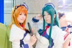 apron asahina_mikuru cosplay green_hair haiji_(ii) hairband kaoru_sato maid maid_uniform red_hair ribbon_tie serving_tray suzumiya_haruhi_no_yuuutsu tsuruya rating:Safe score:0 user:pixymisa
