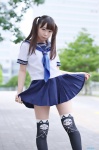 cosplay original pleated_skirt print_legwear sailor_uniform sakuya school_uniform skirt skirt_lift thighhighs twintails zettai_ryouiki rating:Safe score:4 user:nil!