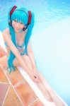 aqua_hair bikini cleavage cosplay hatsune_miku headset mashiro_yuki pool project_diva swimsuit twintails vocaloid wet rating:Safe score:0 user:nil!