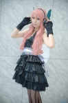 cosplay dress fingerless_gloves gloves hairband headset megurine_luka pantyhose pink_hair sakuramiya_rei vocaloid rating:Safe score:0 user:nil!