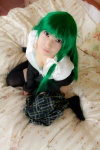 bed blazer blouse cleavage cosplay green_hair kochiya_sanae lenfried open_clothes panties pleated_skirt polka_dots school_uniform skirt thighhighs touhou rating:Safe score:0 user:nil!