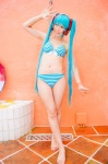 aqua_hair bikini cleavage cosplay hatsune_miku headset mashiro_yuki project_diva swimsuit twintails vocaloid wet rating:Safe score:0 user:nil!