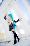 aqua_hair black_legwear cosplay croptop detached_sleeves hairbow hatsune_miku mashiro_yuki pleated_skirt ponytail project_diva skirt thighhighs vocaloid zettai_ryouiki rating:Safe score:0 user:nil!