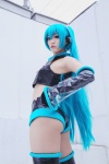 aira aqua_hair boots cosplay croptop elbow_gloves gloves hair_ribbon hatsune_miku headset project_diva shorts sleeveless thigh_boots thighhighs twintails vocaloid rating:Safe score:1 user:pixymisa