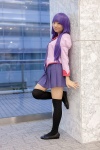 bakemonogatari blouse cosplay mochizuki_miuna pleated_skirt purple_hair school_uniform senjougahara_hitagi skirt thighhighs tie zettai_ryouiki rating:Safe score:1 user:pixymisa