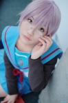 book cardigan cosplay glasses kneesocks nagato_yuki nagatsuki pleated_skirt purple_hair sailor_uniform school_uniform skirt suzumiya_haruhi_no_yuuutsu rating:Safe score:0 user:nil!