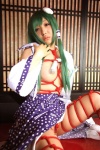 blouse bound cleavage cosplay detached_sleeves green_hair hanamura_misaki kochiya_sanae miko open_clothes rope skirt socks touhou touhou_kinbauchou rating:Questionable score:0 user:nil!