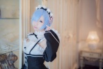 apron blue_hair cosplay detached_sleeves dress fleia fleia_oni_ga_katteru? hairband maid maid_uniform rem_(re:zero) re:zero rating:Safe score:0 user:nil!
