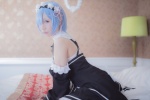 apron bed blue_hair cosplay detached_sleeves dress fleia fleia_oni_ga_katteru? hairband maid maid_uniform rem_(re:zero) re:zero rating:Safe score:0 user:nil!